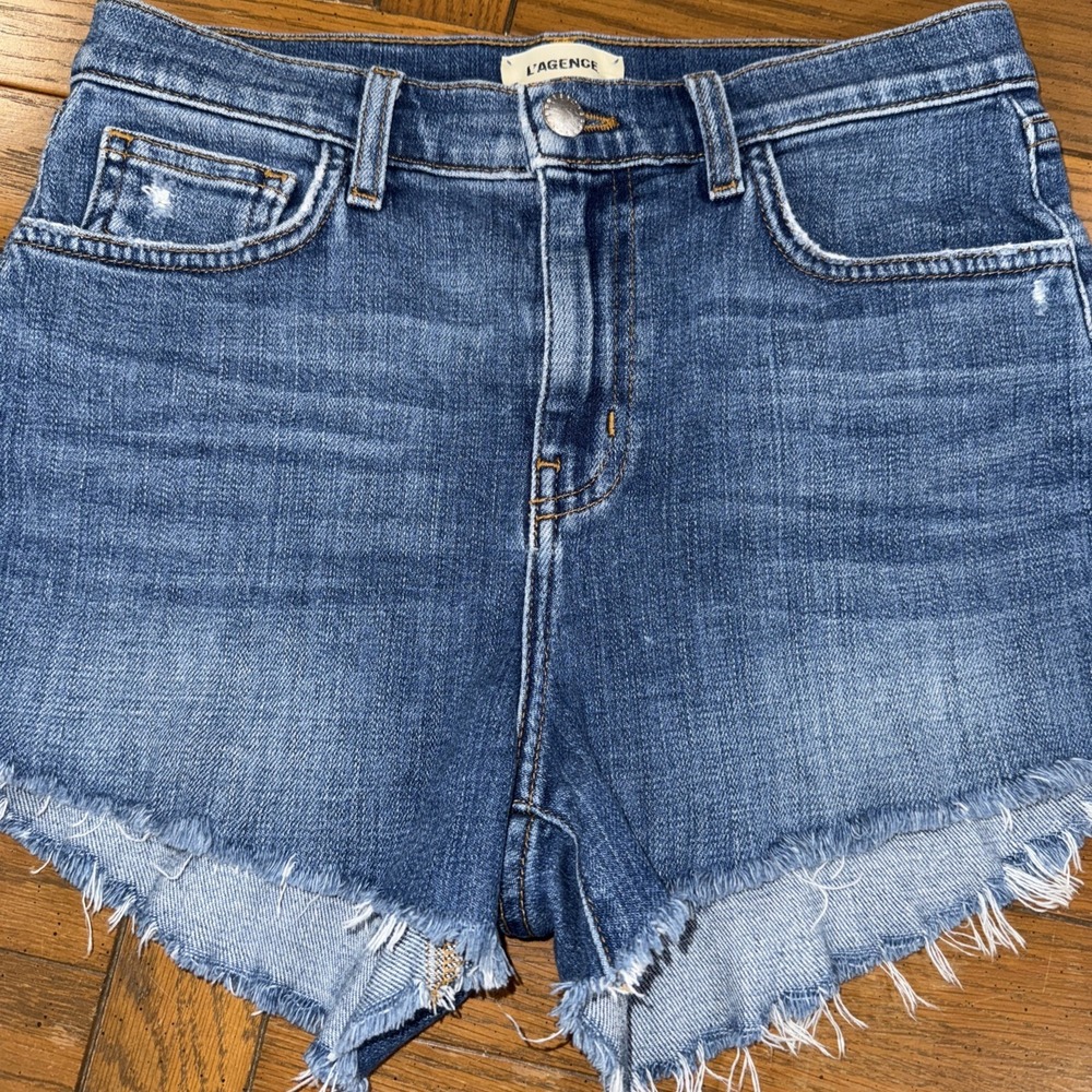 L'AGENCE Blue Distressed High-Waist Denim Shorts